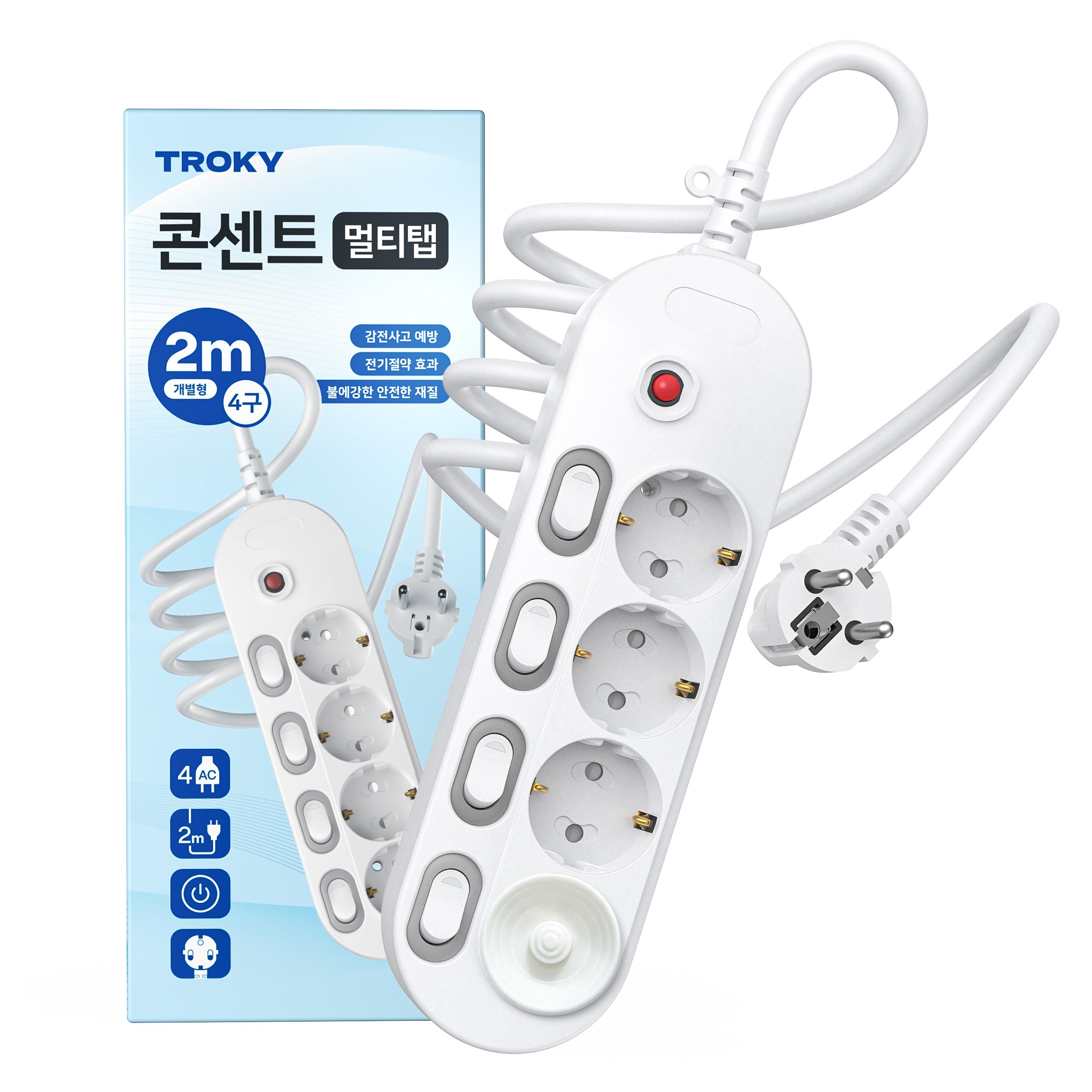 TROKY 고용량 멀티탭 콘센트 개별 과부하차단 3000W LED 안전커버, 화이트 4구, 1개, 2m 대표 이미지