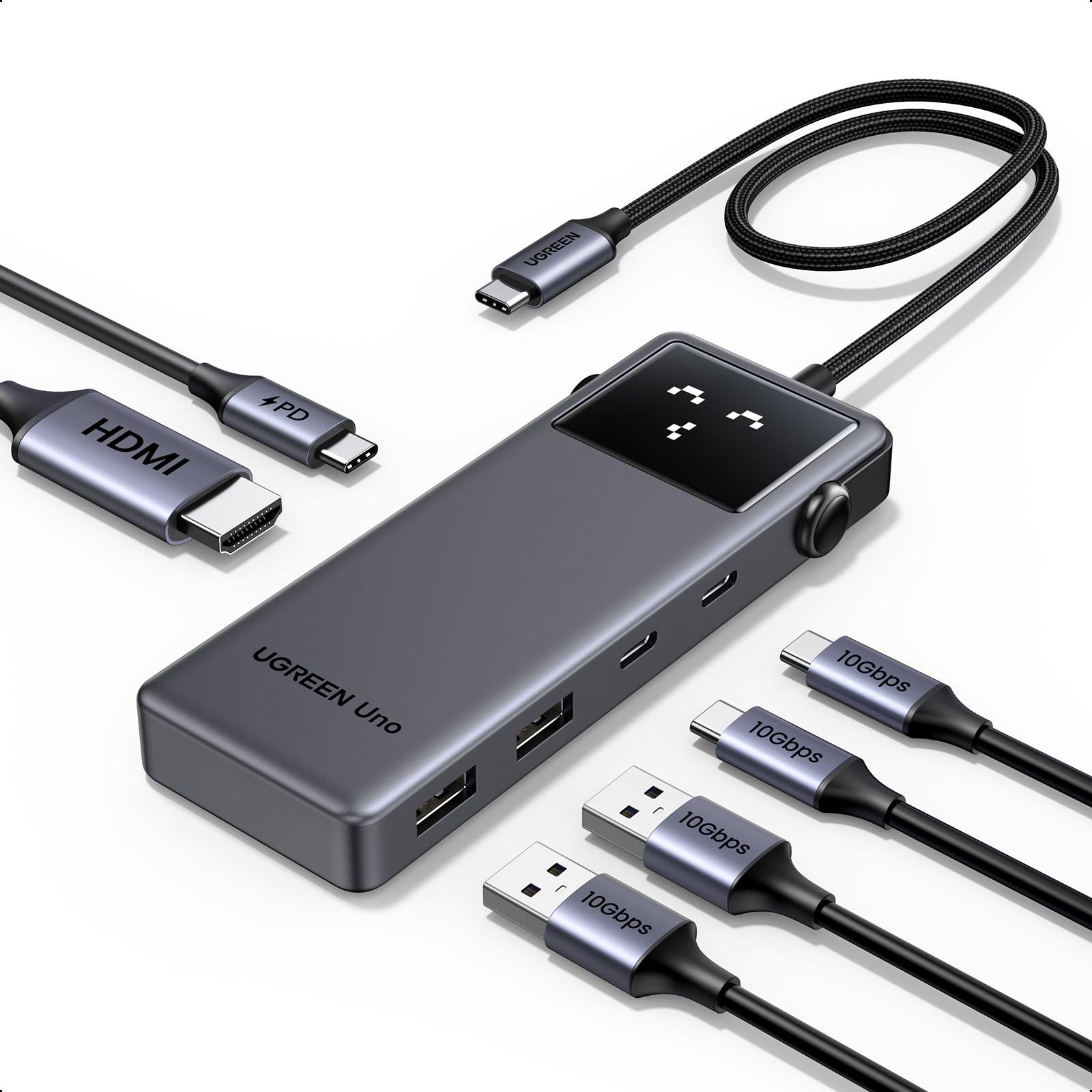 UGREEN 유그린 Uno 6포트 USB 3.2 C타입 멀티 허브 삼성덱스 맥북 호환| 10Gbps | HDMI2.0 4K60Hz | PD100W | 스마트 상태 이모티콘 표시, 1개, Grey 대표 이미지