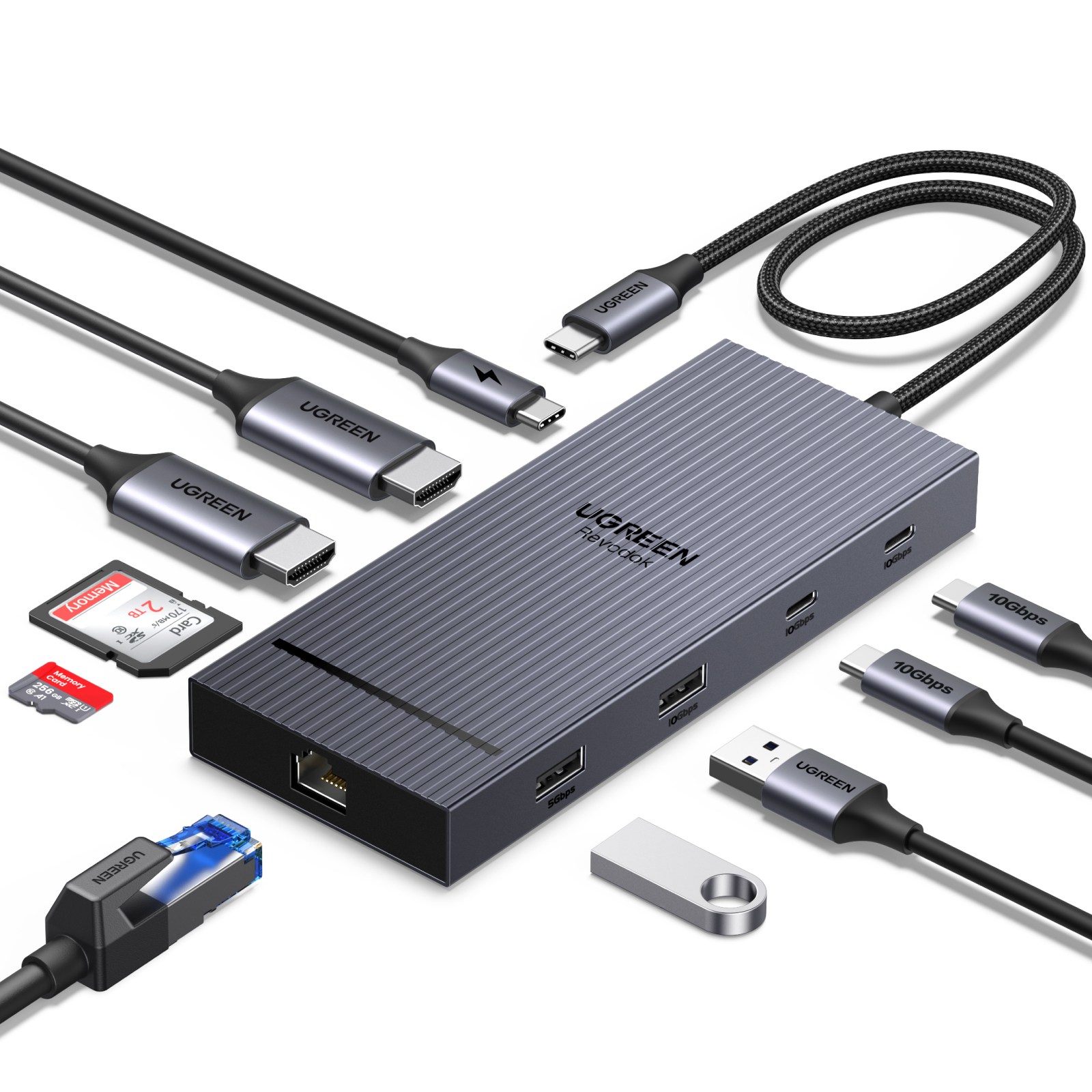 UGREEN 유그린 Revodok Pro 10포트 USB3.2 C타입 멀티허브 |삼성덱스 맥북 호환|듀얼 모니터 확장|4K60Hz|10Gbps|기가비트|SD카드 리더기|PD100W, 1개, Grey, CM886 대표 이미지